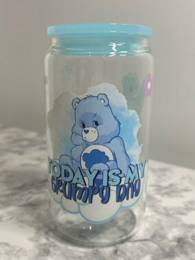 Care Bears Grumpy Bear 16oz Glass Cup w/ Blue Lid Cute Kawaii Aesthetic Tumbler